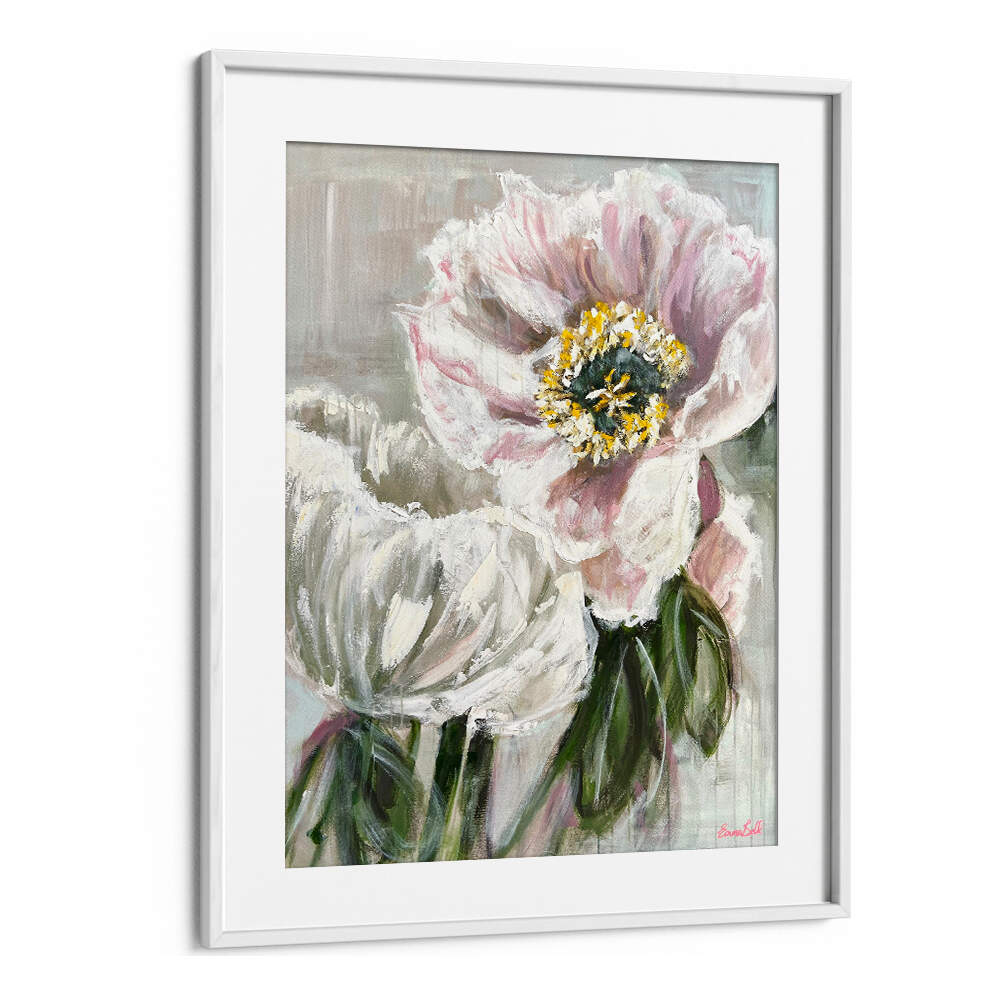 Delicate white and pink flowers in a beautiful floral painting, perfect for contemporary art lovers.