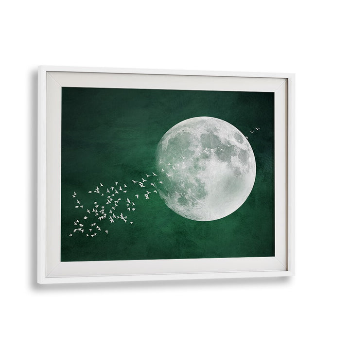 Stunning EMERALD MOON, LANDSCAPE PAINTINGS print featuring a luminous moon and tranquil green backdrop. Perfect for home décor.