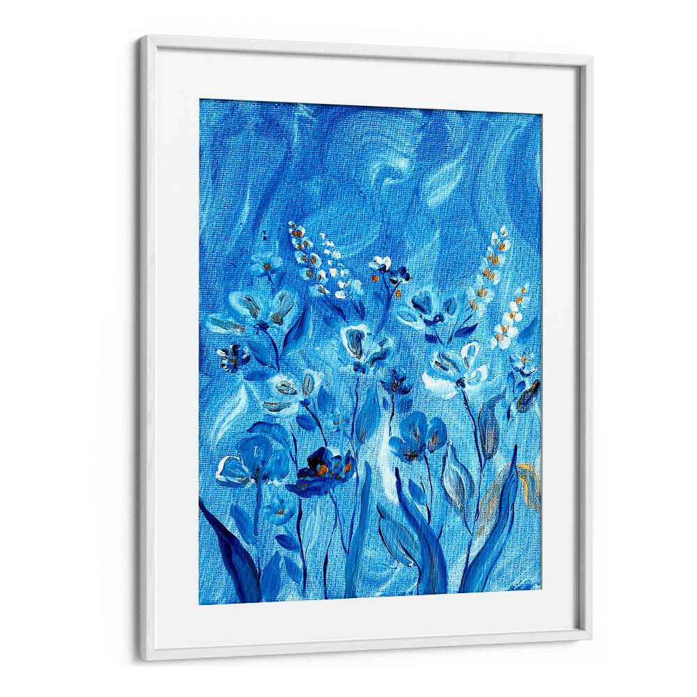 Vibrant SHADOWS, FLORAL FLOWER PAINTINGS showcase enchanting blooms against a striking blue backdrop, adding elegance to any space.