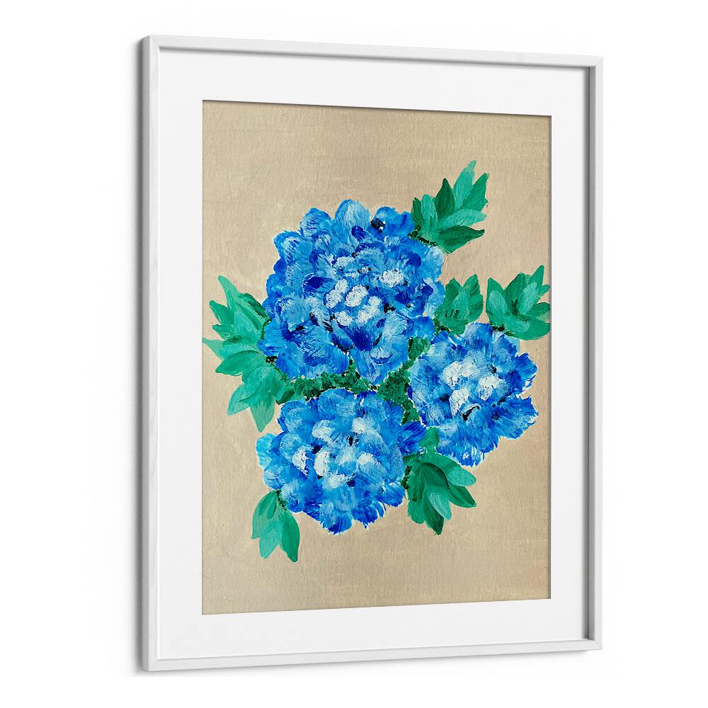 Vibrant blue hydrangeas in a framed painting, showcasing our HYDRANGEA, FLORAL FLOWER PAINTINGS for your decor.