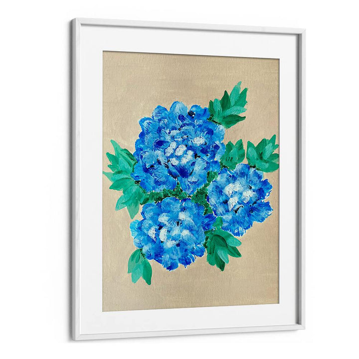Vibrant blue hydrangeas in a framed painting, showcasing our HYDRANGEA, FLORAL FLOWER PAINTINGS for your decor.