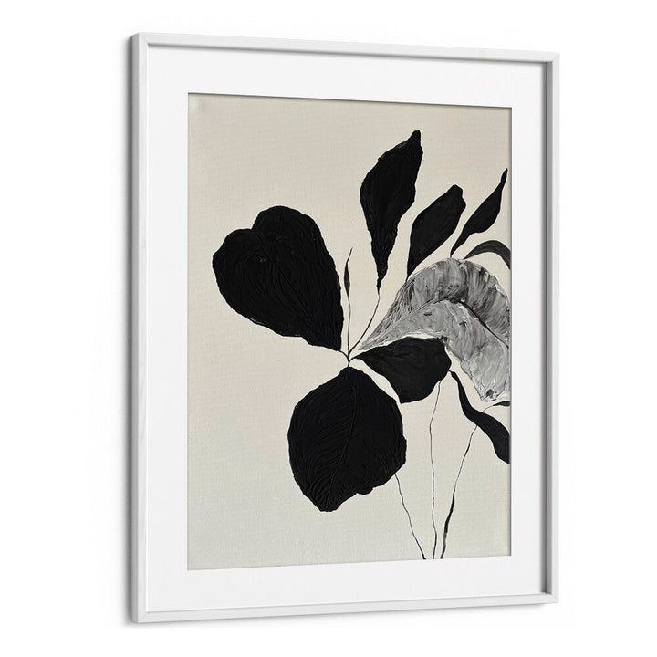 Stylish black and white leaves in THE MUTUAL FEELING - II, FLORAL FLOWER PAINTINGS enhance modern decor beautifully.