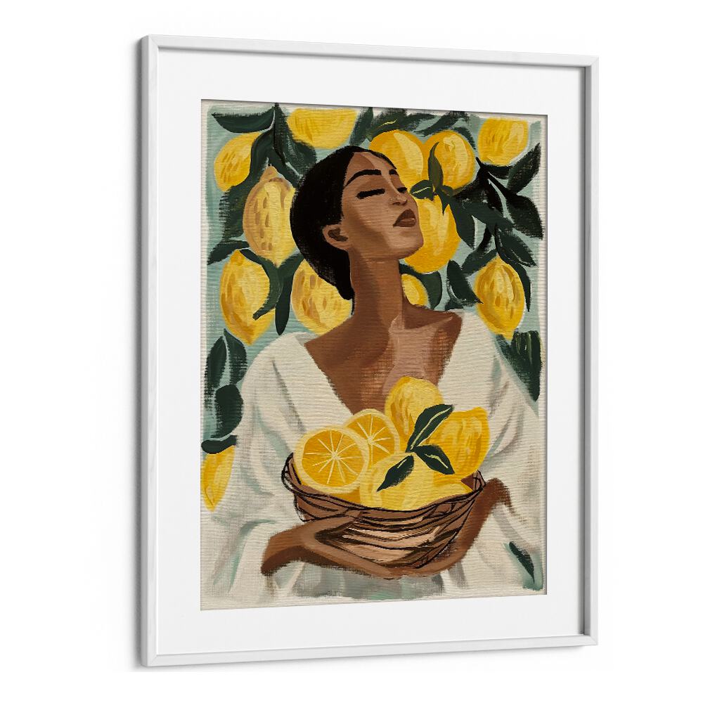 Radiant LEMON TREE , PORTRAITS art print featuring a woman with a basket of lemons, adding Mediterranean charm to your space.