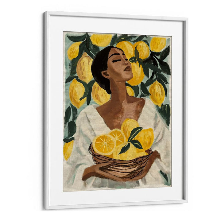 Radiant LEMON TREE , PORTRAITS art print featuring a woman with a basket of lemons, adding Mediterranean charm to your space.
