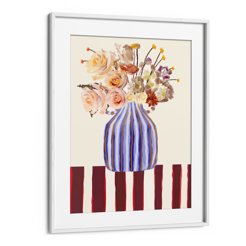 Vibrant STILL LIFE WITH FLOWERS I, FLORAL FLOWER PAINTINGS, showcasing colorful blooms in a striped vase for elegant decor.