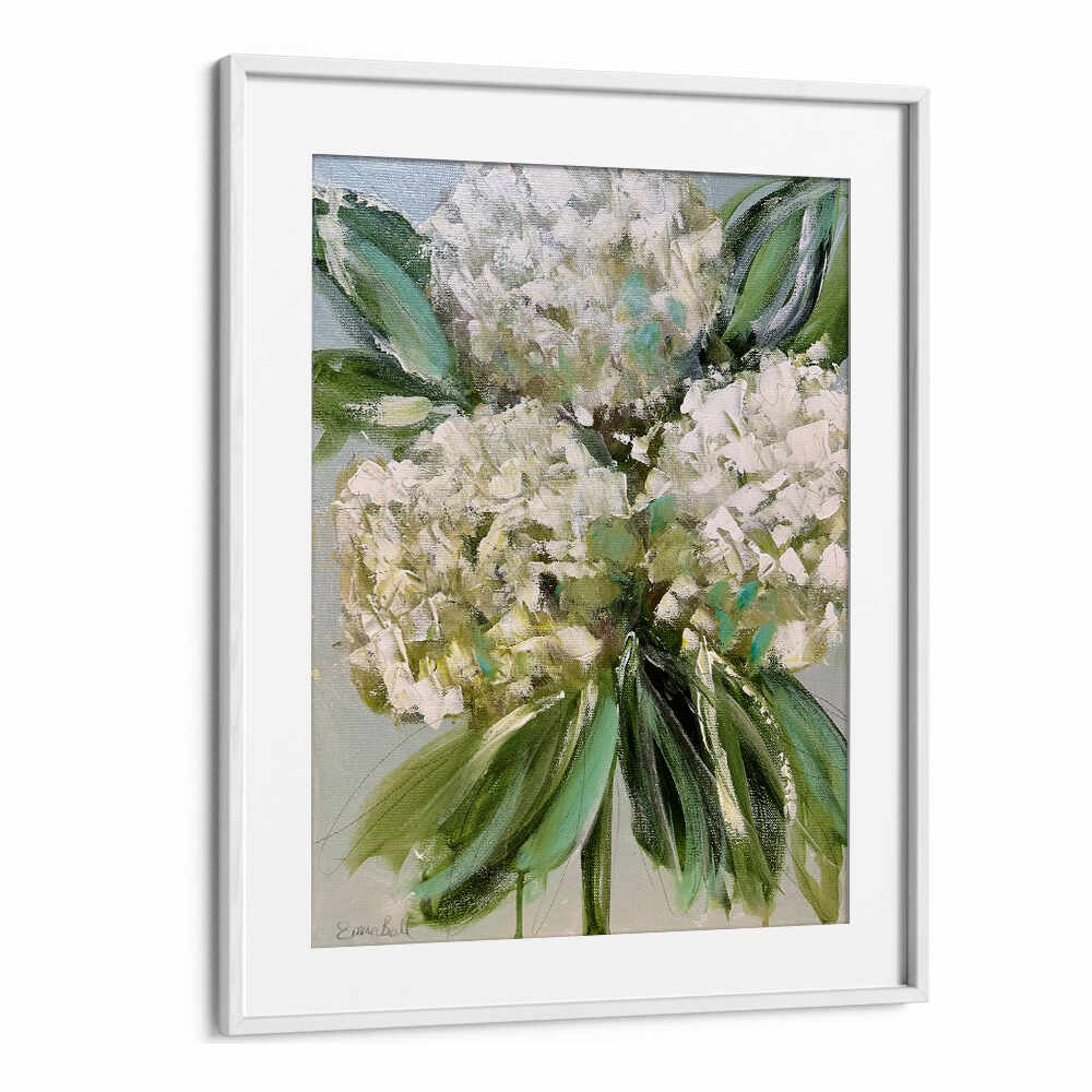 Elegant WHITE HYDRANGEAS GREEN LEAVES, FLORAL FLOWER PAINTINGS bring sophistication to any space with their stunning artistry.