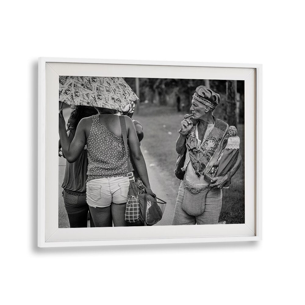 Captivating urban scene in black and white, featuring "DISTRACTED, PHOTOGRAPHY PRINTS" that embody street life moments.