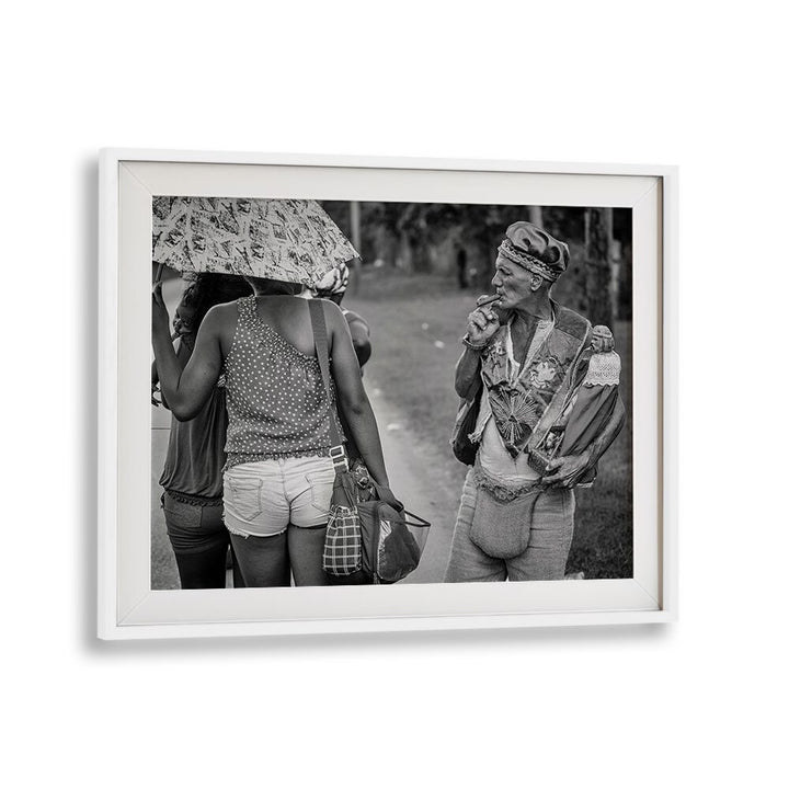 Captivating urban scene in black and white, featuring "DISTRACTED, PHOTOGRAPHY PRINTS" that embody street life moments.