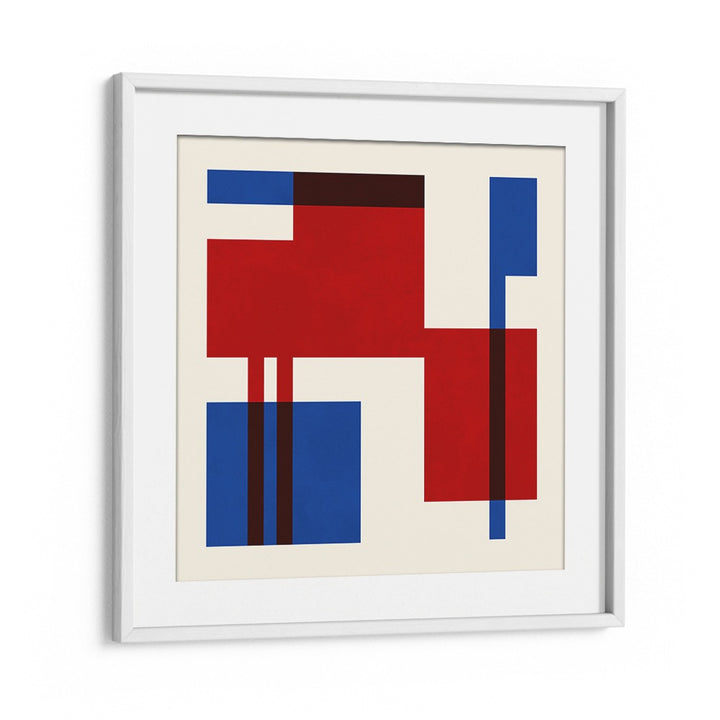 Bright red and blue geometric shapes in a framed design, perfect for showcasing COLORFUL SEVEN, GEOMETRIC ART PRINTS.