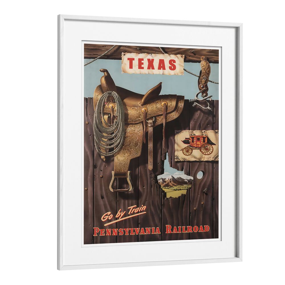 Vintage travel poster featuring Texas saddle and landscapes, perfect for decor enthusiasts. TEXAS I, VINTAGE TRAVEL POSTERS.