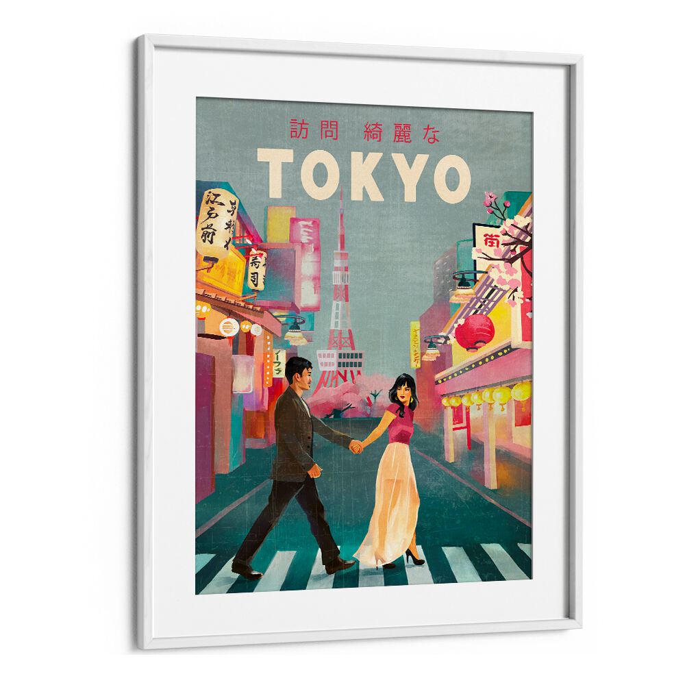 Vibrant TOKYO JAPAN, TRAVEL POSTERS showcasing a couple in the bustling streets, celebrating Tokyo’s culture.
