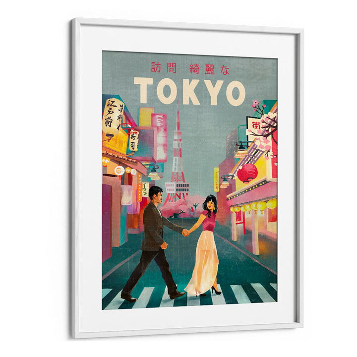 Vibrant TOKYO JAPAN, TRAVEL POSTERS showcasing a couple in the bustling streets, celebrating Tokyo’s culture.