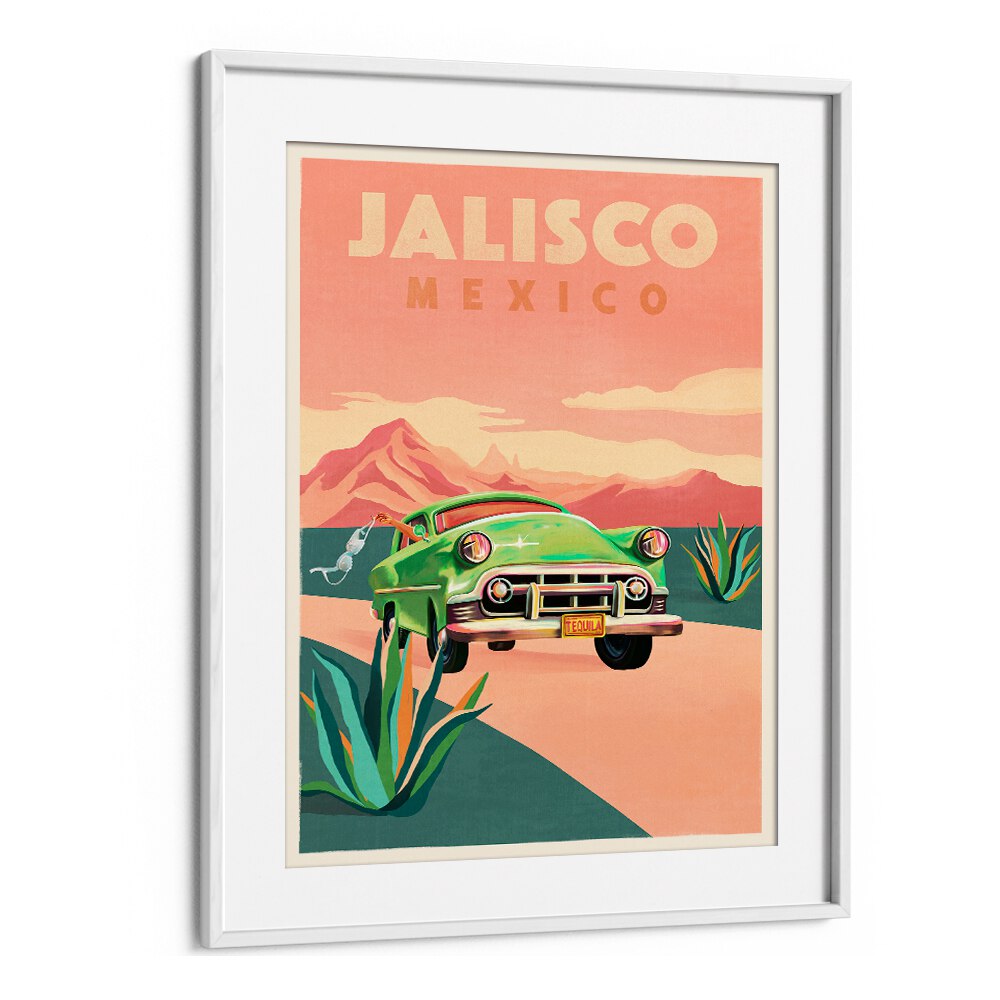 Vibrant JALISCO MEXICO, TRAVEL POSTERS featuring a classic car against stunning landscapes, perfect for decor.