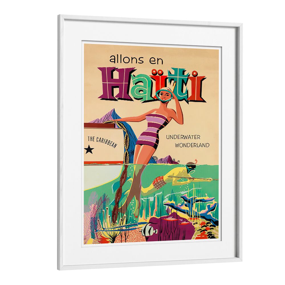Colorful ALLONS EN HAITI Vintage Travel Posters showcase Haiti's stunning underwater beauty and vibrant culture.