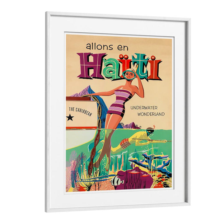 Colorful ALLONS EN HAITI Vintage Travel Posters showcase Haiti's stunning underwater beauty and vibrant culture.