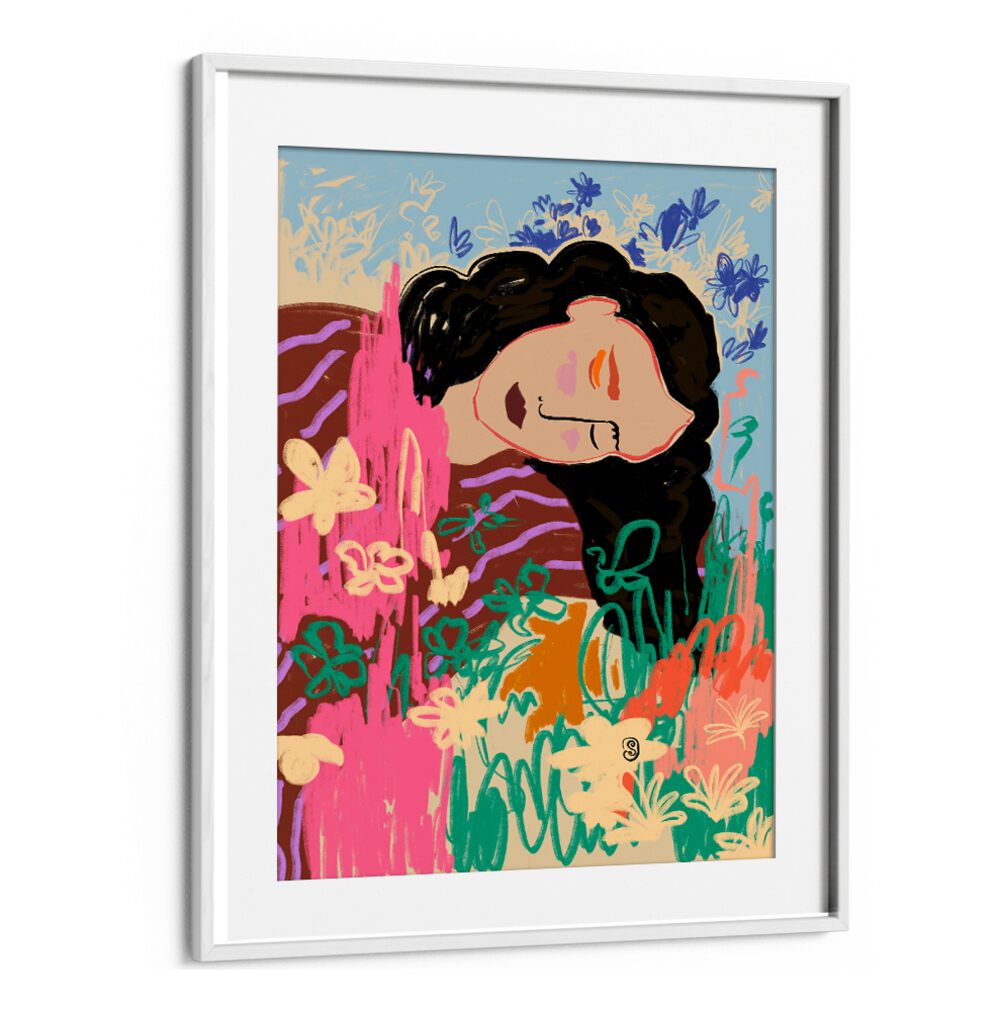 Colorful Day Dreaming, Vibrant art print featuring a serene woman surrounded by flowers, perfect for any space.