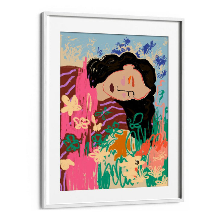 Colorful Day Dreaming, Vibrant art print featuring a serene woman surrounded by flowers, perfect for any space.
