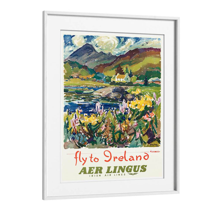 Colorful FLY TO IRELAND, VINTAGE TRAVEL POSTERS featuring lush landscapes and charming cottages, perfect for your decor.