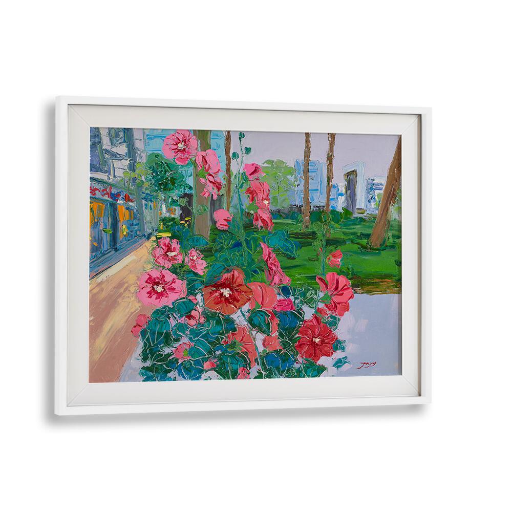 Vibrant pink flowers in a colorful floral painting, perfect for adding charm to any space.