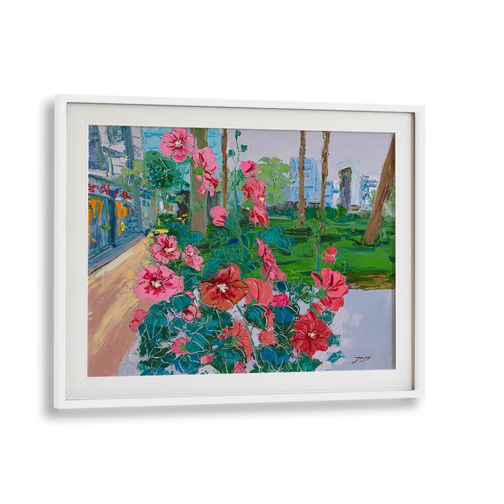 Vibrant pink flowers in a colorful floral painting, perfect for adding charm to any space.