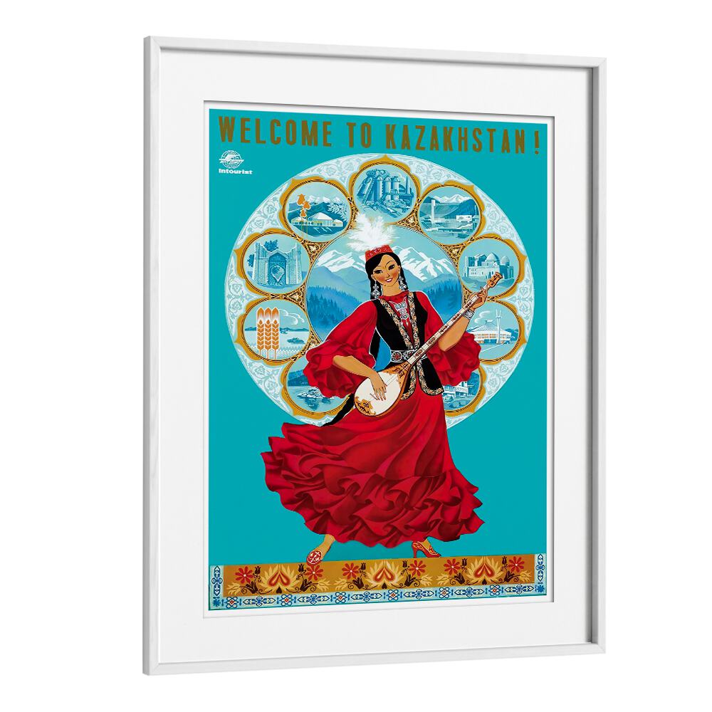 Colorful vintage travel poster celebrating Kazakhstan's culture and beauty, featuring traditional attire and scenic imagery.