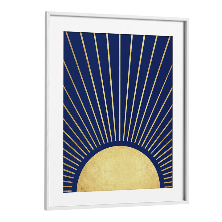 Elegant SUN RAYS I, GEOMETRIC ART PRINTS featuring golden sun rays against a deep blue background, perfect for modern decor.