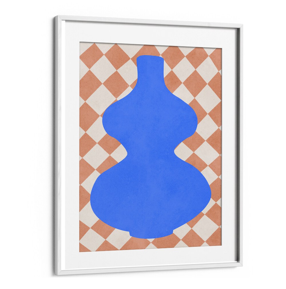 Stunning TRIBAL SHAPES VI, GEOMETRIC ART PRINTS featuring a blue vase design on a textured background. Perfect decor accent.
