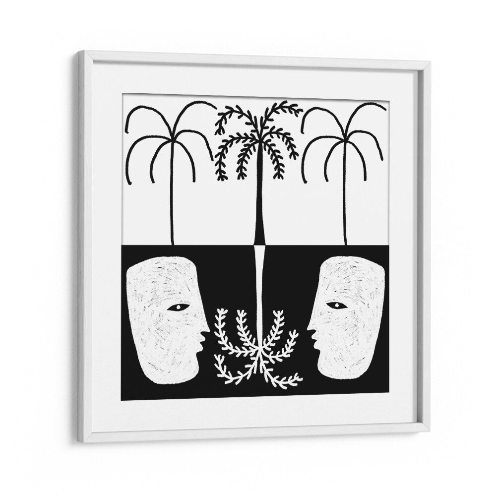 Abstract black and white art featuring faces and palm trees, showcasing YEARNING II, BOHO ART PAINTINGS. Perfect for modern decor.