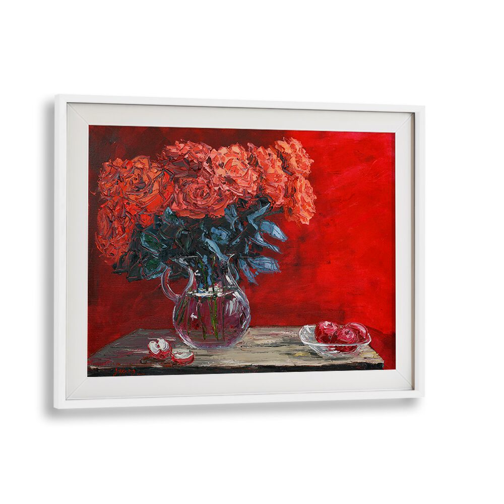 Vibrant flower scent brings life to floral flower paintings with bold roses in a striking red background.