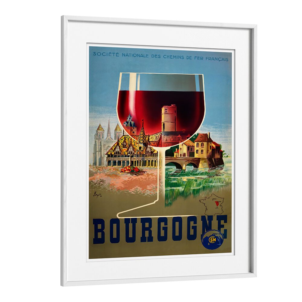 Bourgogne, Vintage Travel Posters feature a stunning wine glass, showcasing the charm of France’s picturesque landscapes.