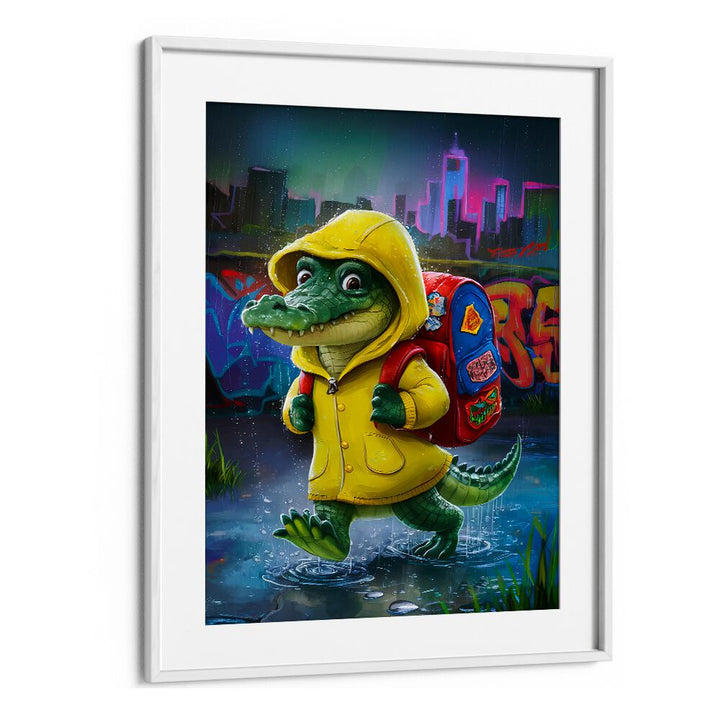 Cute BABY CROCODILE in a yellow raincoat, perfect for kids' rooms. Discover more COMIC POSTERS at our store!