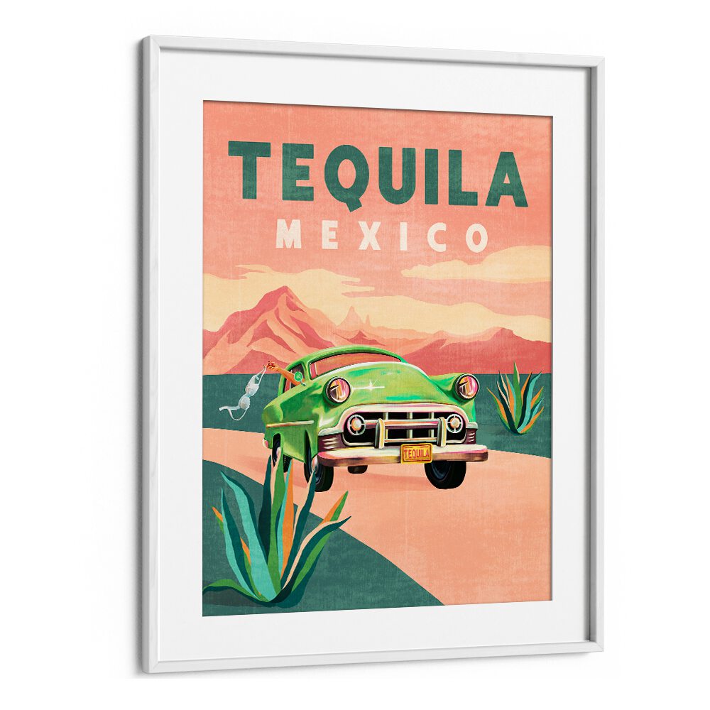 Vibrant TEQUILA MEXICO, TRAVEL POSTERS featuring a classic green car against a scenic backdrop of mountains and agave.