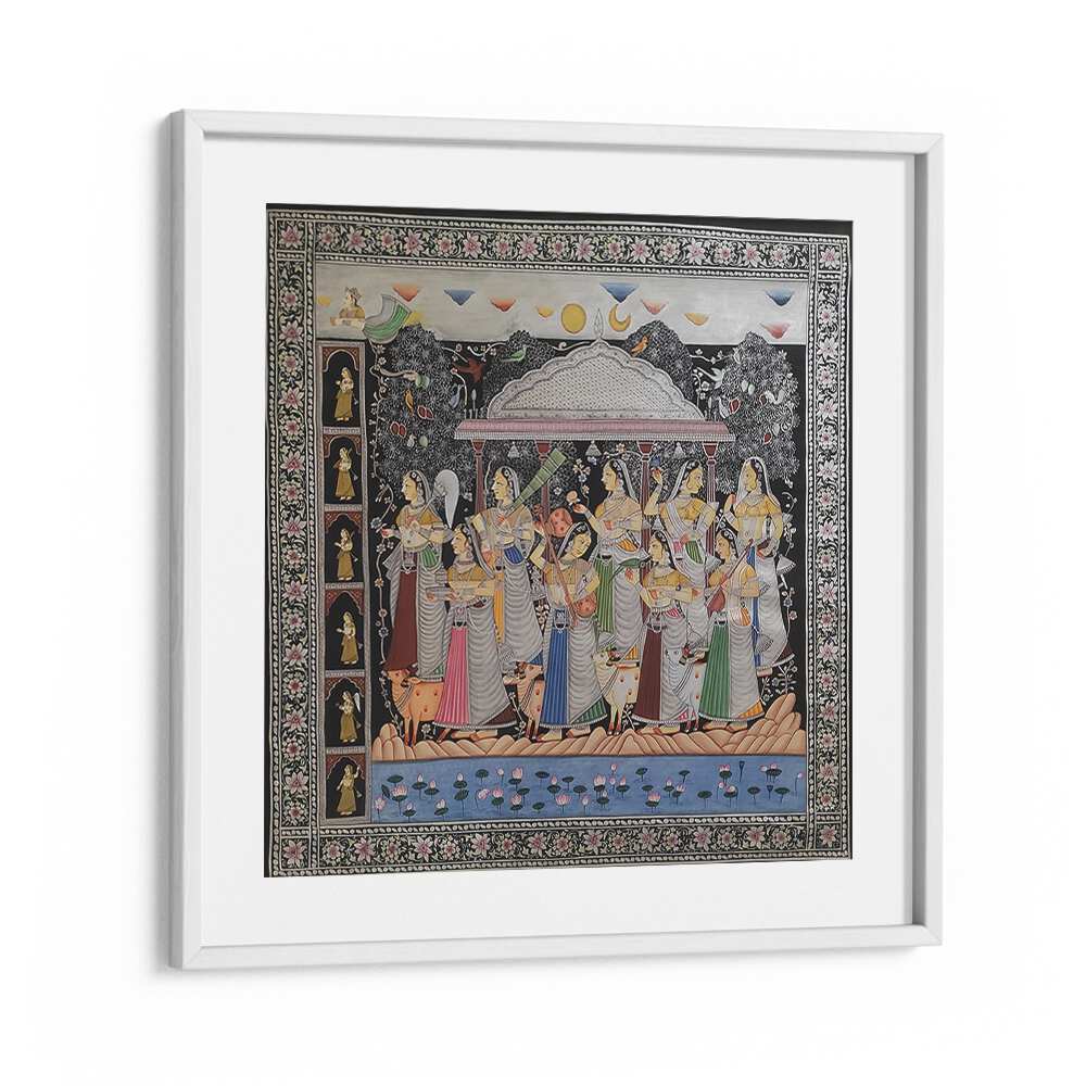 KRISHNA GOPIKA, INDIAN ART PAINTINGS beautifully depicts Lord Krishna with enchanting Gopikas, enhancing your decor.