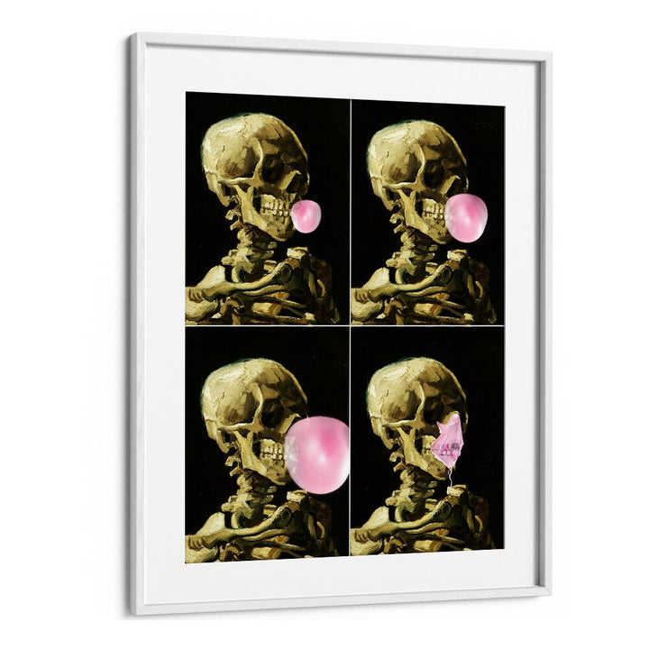 Skull Gum Explosion, altered art prints by Dikhotomy, showcasing a skeleton blowing pink bubble gum in a unique style.