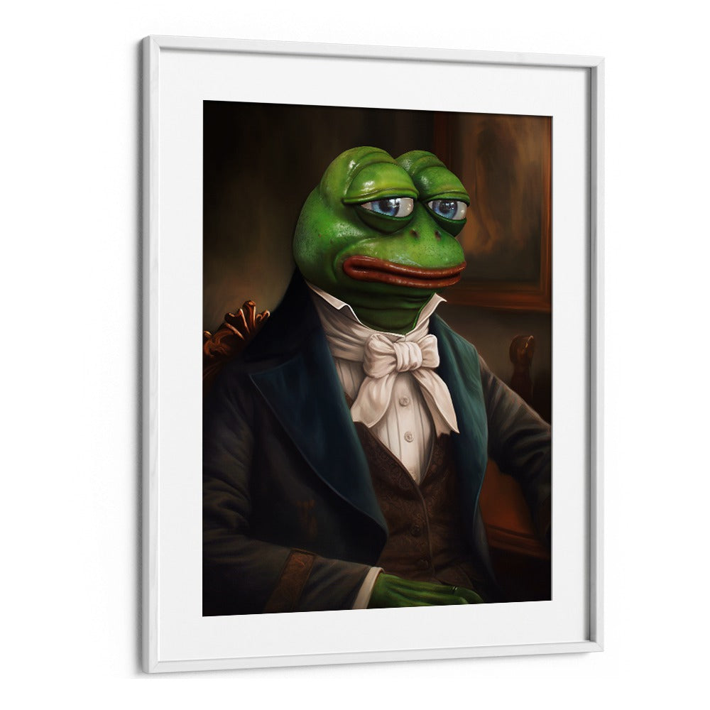 SIR PEPE, ALTERED ART PRINTS from DIKHOTOMY showcase a whimsical frog in formal attire, perfect for creative spaces.