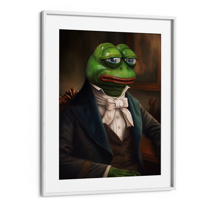 SIR PEPE, ALTERED ART PRINTS from DIKHOTOMY showcase a whimsical frog in formal attire, perfect for creative spaces.