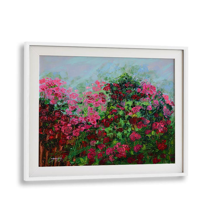 Vibrant GARDEN OF PINK, FLORAL FLOWER PAINTINGS showcasing lush roses in a beautiful frame, perfect for any decor.
