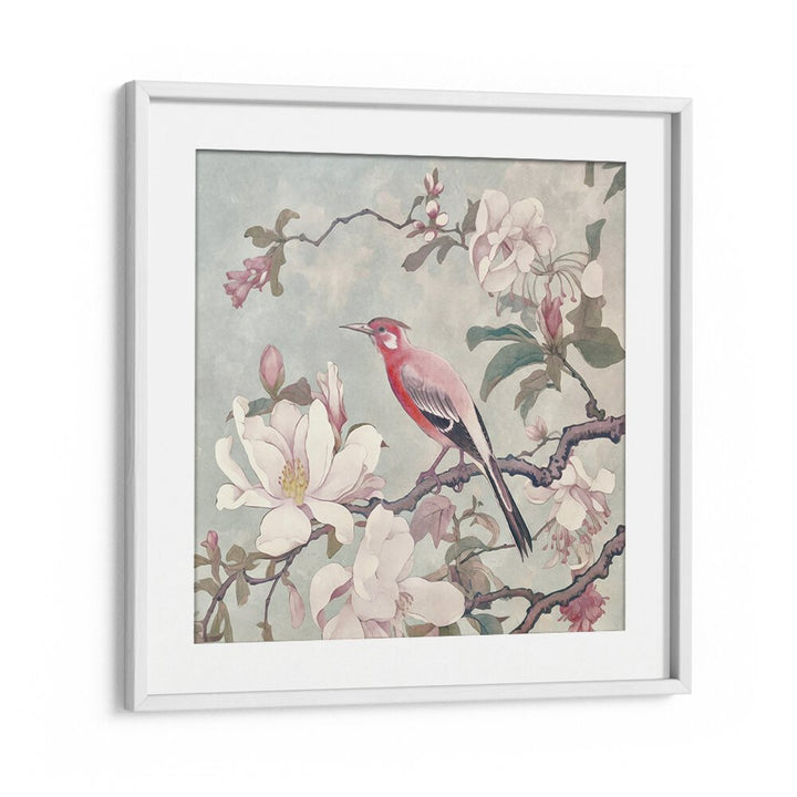 Chinoiserie Bird IV, Animal Paintings by Andrea Haase, showcases a vibrant bird amid delicate spring blooms.