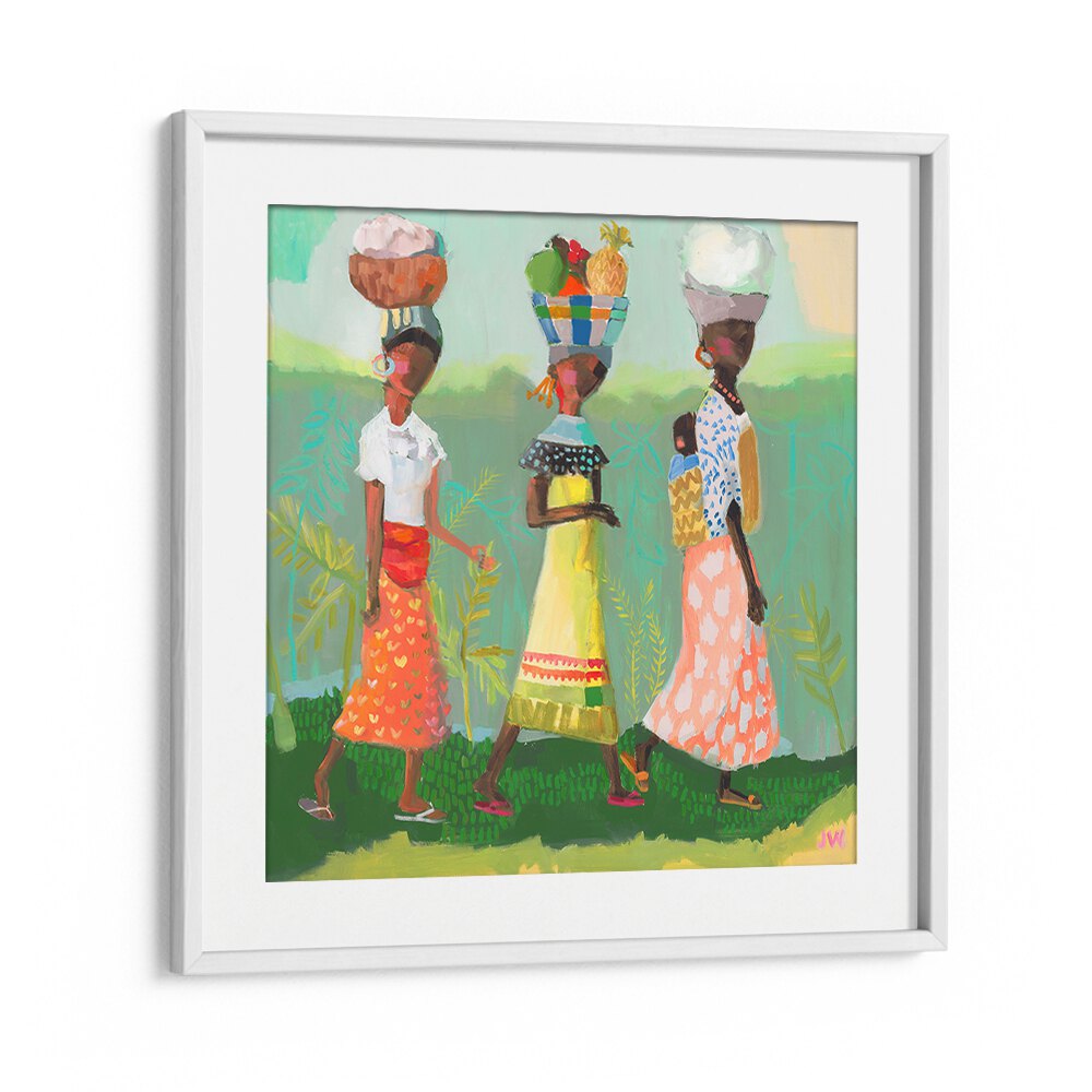 Colorful illustration of women carrying goods, showcasing the essence of BACK FROM THE MARKET, PORTRAITS collection.