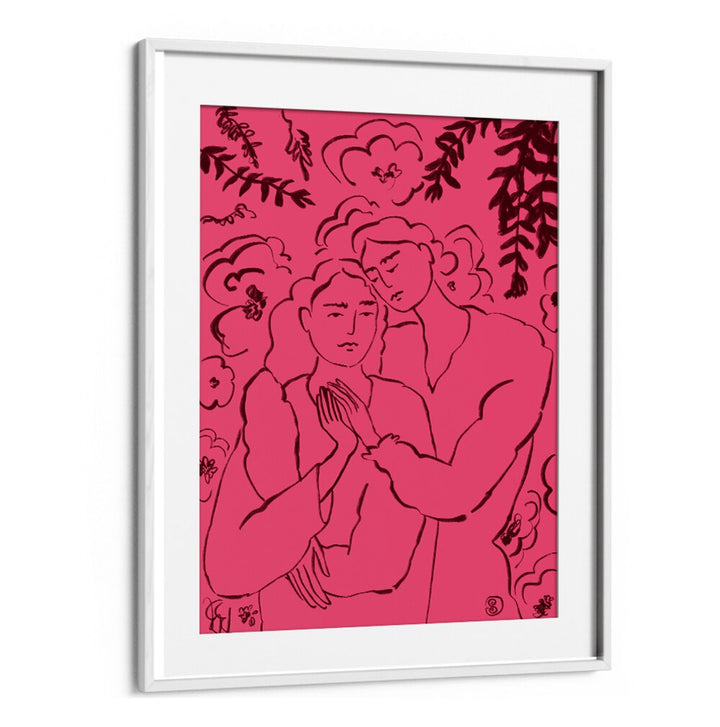 Vibrant art print featuring two figures holding hands in pink, capturing intimacy with bold colors. Perfect for any space.