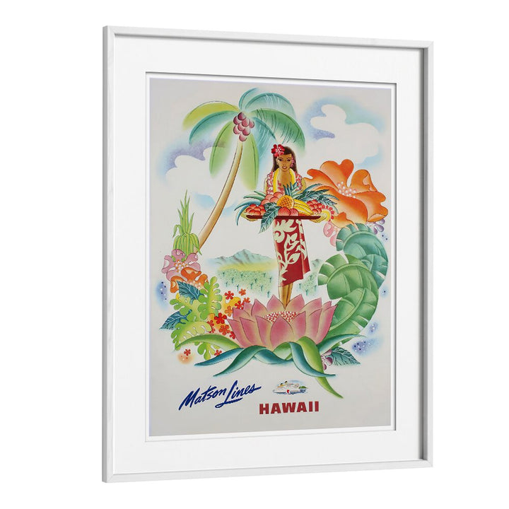 Colorful HAWAII IV, VINTAGE TRAVEL POSTERS featuring a Hawaiian woman surrounded by tropical flora and scenic views.
