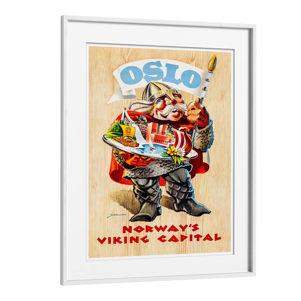 Colorful OSLO Vintage Travel Posters featuring a Viking character, perfect for adding charm to your décor.