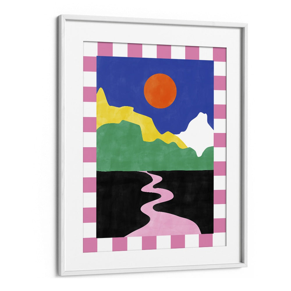 Colorful abstract landscape featuring a winding pink road, part of the PINK ROAD, LANDSCAPE PAINTINGS by Elena Ristova.