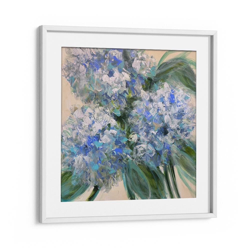 Stunning AZURE BLOOM, FLORAL FLOWER PAINTINGS featuring vibrant blue flowers in an elegant white frame for modern decor.