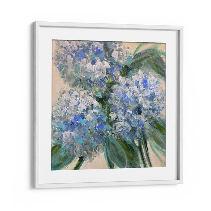 Stunning AZURE BLOOM, FLORAL FLOWER PAINTINGS featuring vibrant blue flowers in an elegant white frame for modern decor.