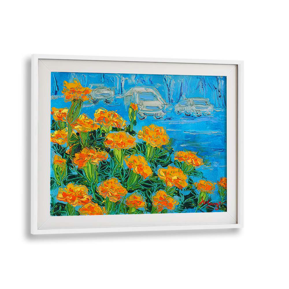 Vibrant MARIGOID CANVAS, FLORAL FLOWER PAINTINGS featuring bright orange marigolds against a blue background.