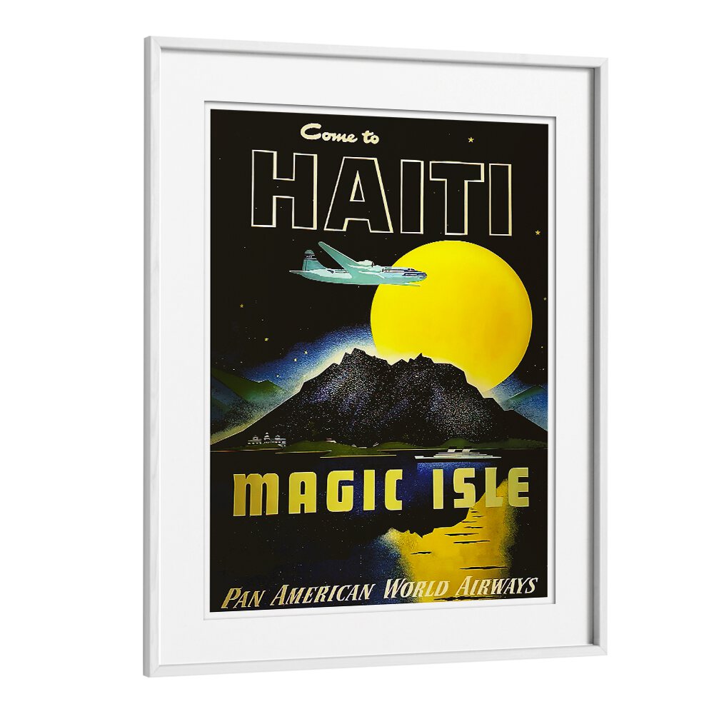 Framed HAITI MAGIC ISLE , VINTAGE TRAVEL POSTERS showcasing Haiti's vibrant culture and stunning landscapes.