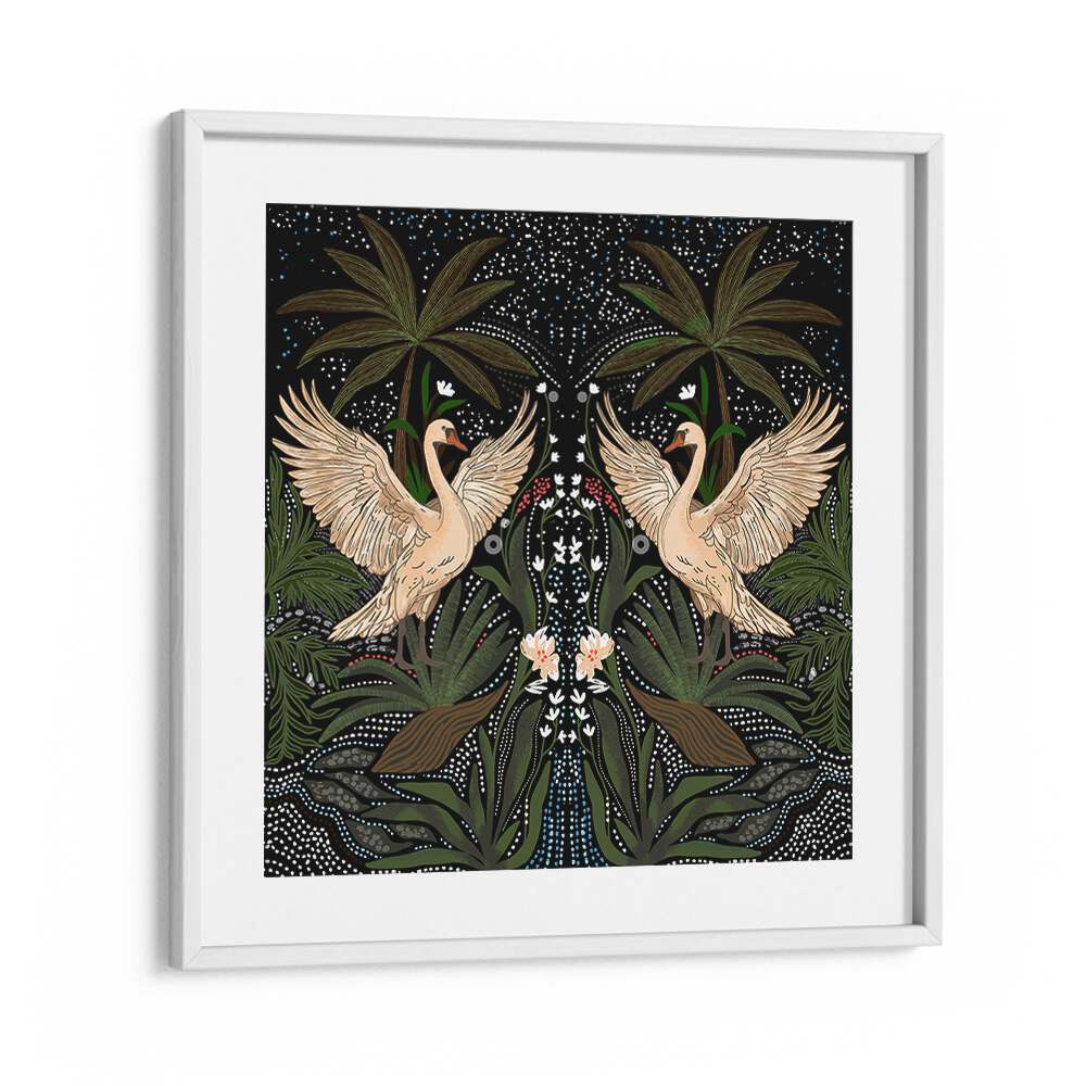 Elegant SWAN DANCE, FLORAL FLOWER PAINTINGS featuring graceful swans and lush foliage, perfect for any serene space.