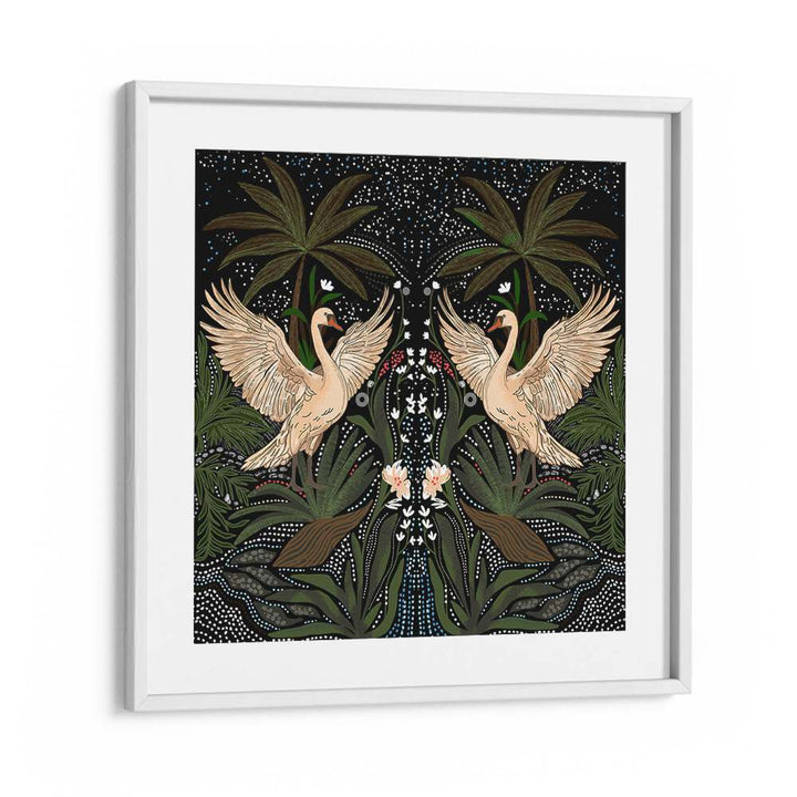 Elegant SWAN DANCE, FLORAL FLOWER PAINTINGS featuring graceful swans and lush foliage, perfect for any serene space.