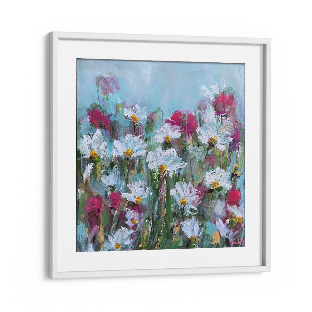 Vibrant WHITE DAISIES AND PINK BLOSSOMS, FLORAL FLOWER PAINTINGS perfect for enhancing any botanical decor.
